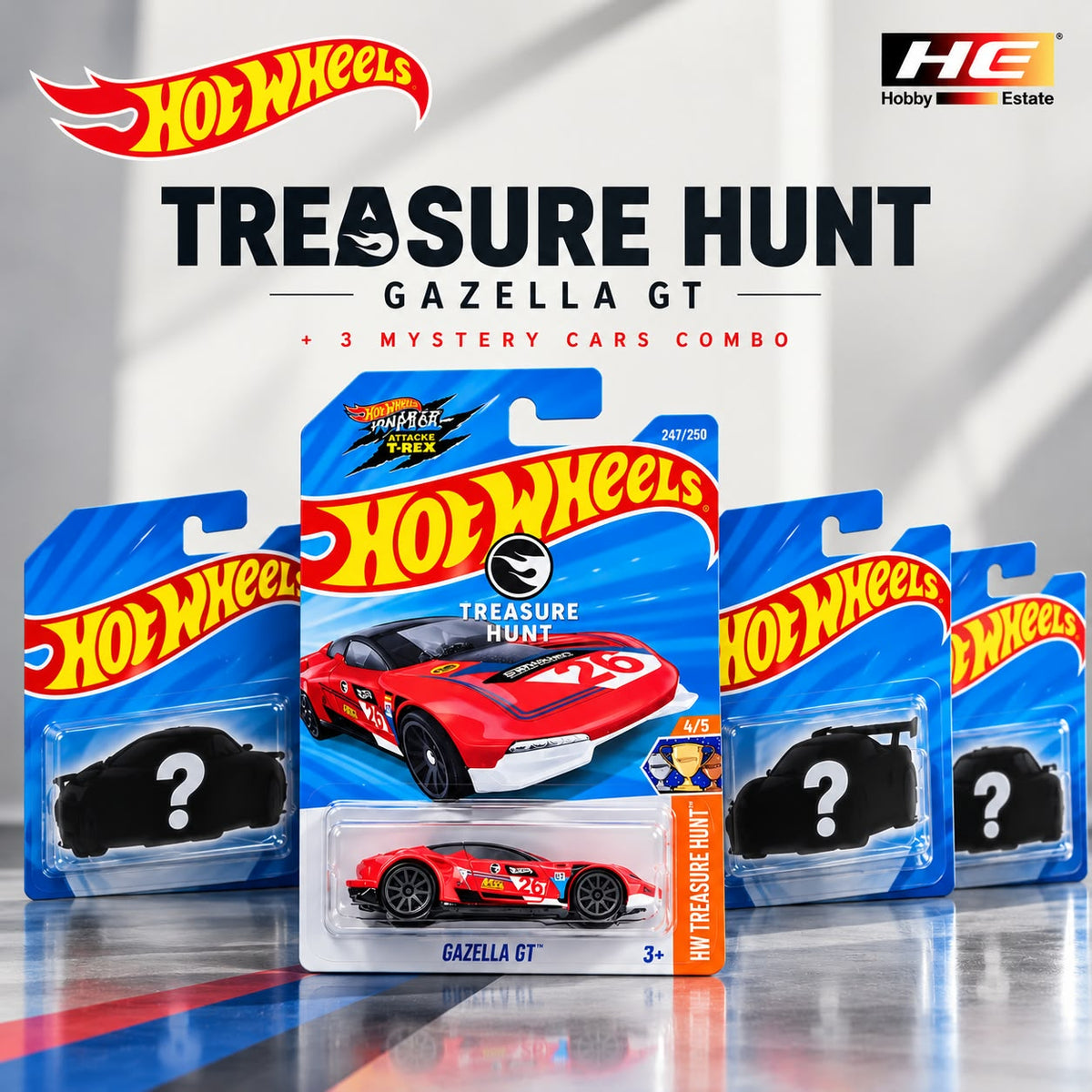 Hot Wheels Gazella GT Treasure Hunt + 3 Mystery Cars Combo – 2026 Mainline