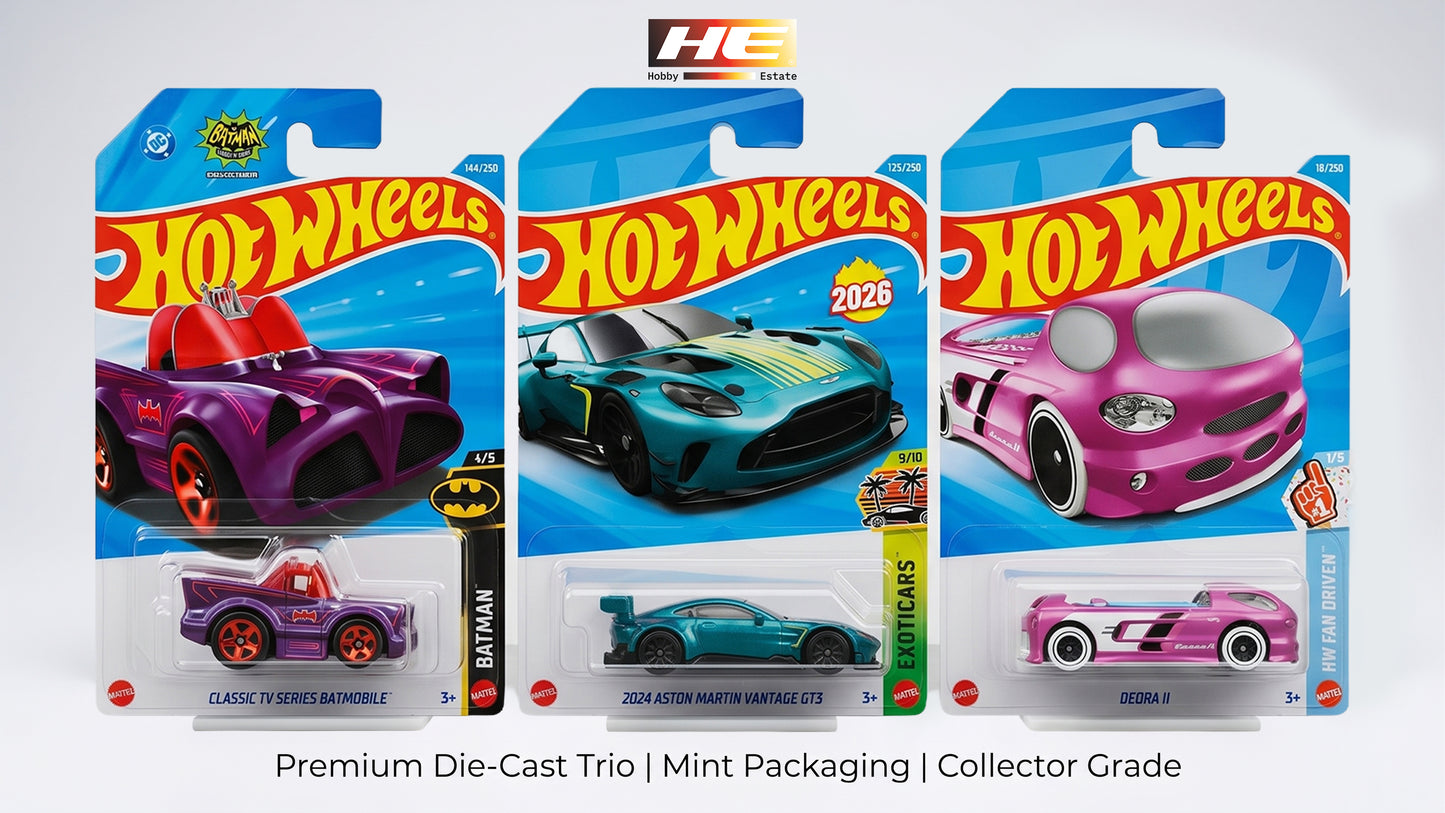 Hot Wheels Collector Trio – Classic TV Series Batmobile, 2024 Aston Martin Vantage GT3 & Deora II (3-Car Combo Pack)