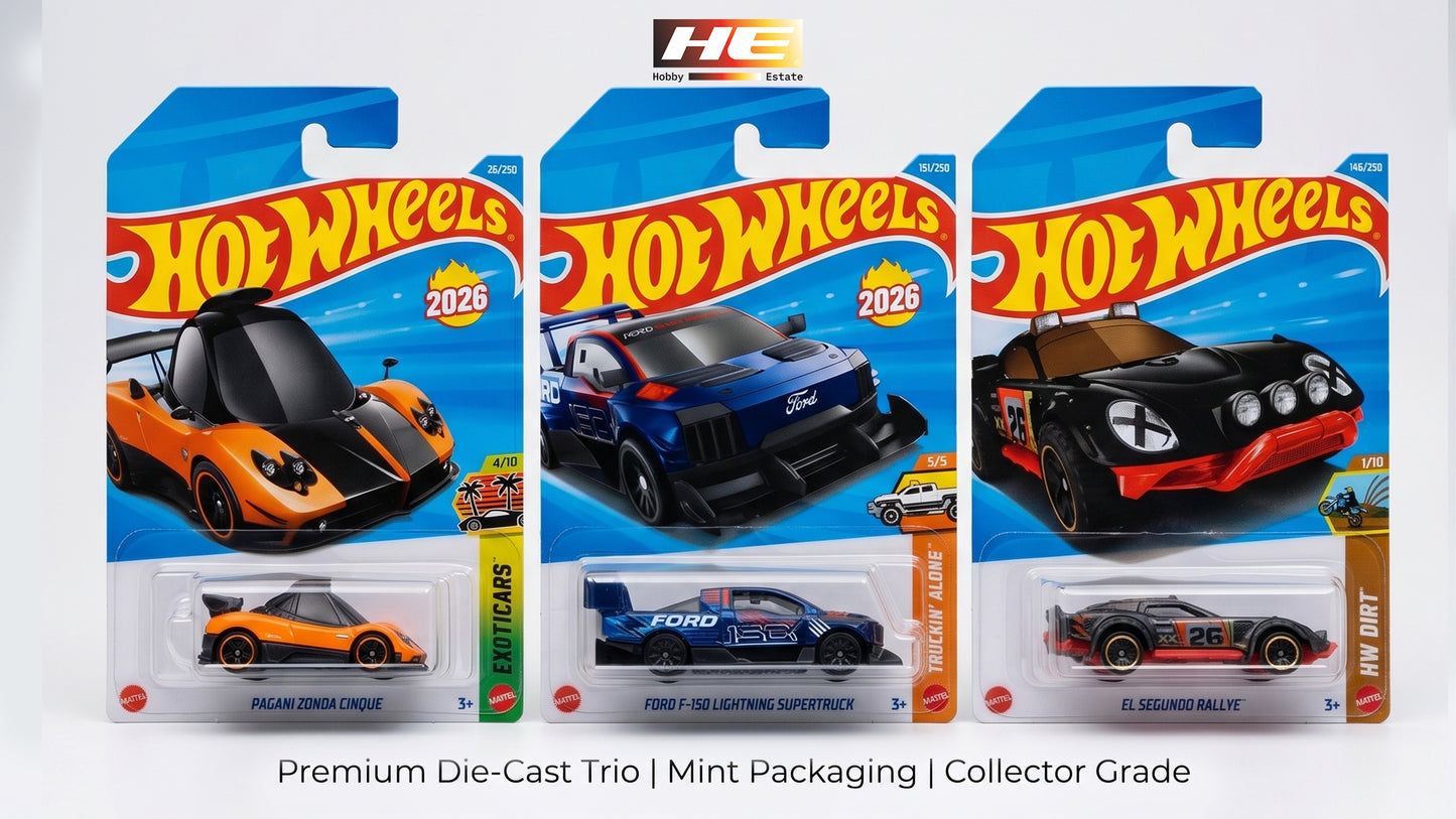 Hot Wheels Collector Trio – Pagani Zonda Cinque, Ford F-150 Lightning Supertruck & El Segundo Rallye (3-Car Combo Pack)