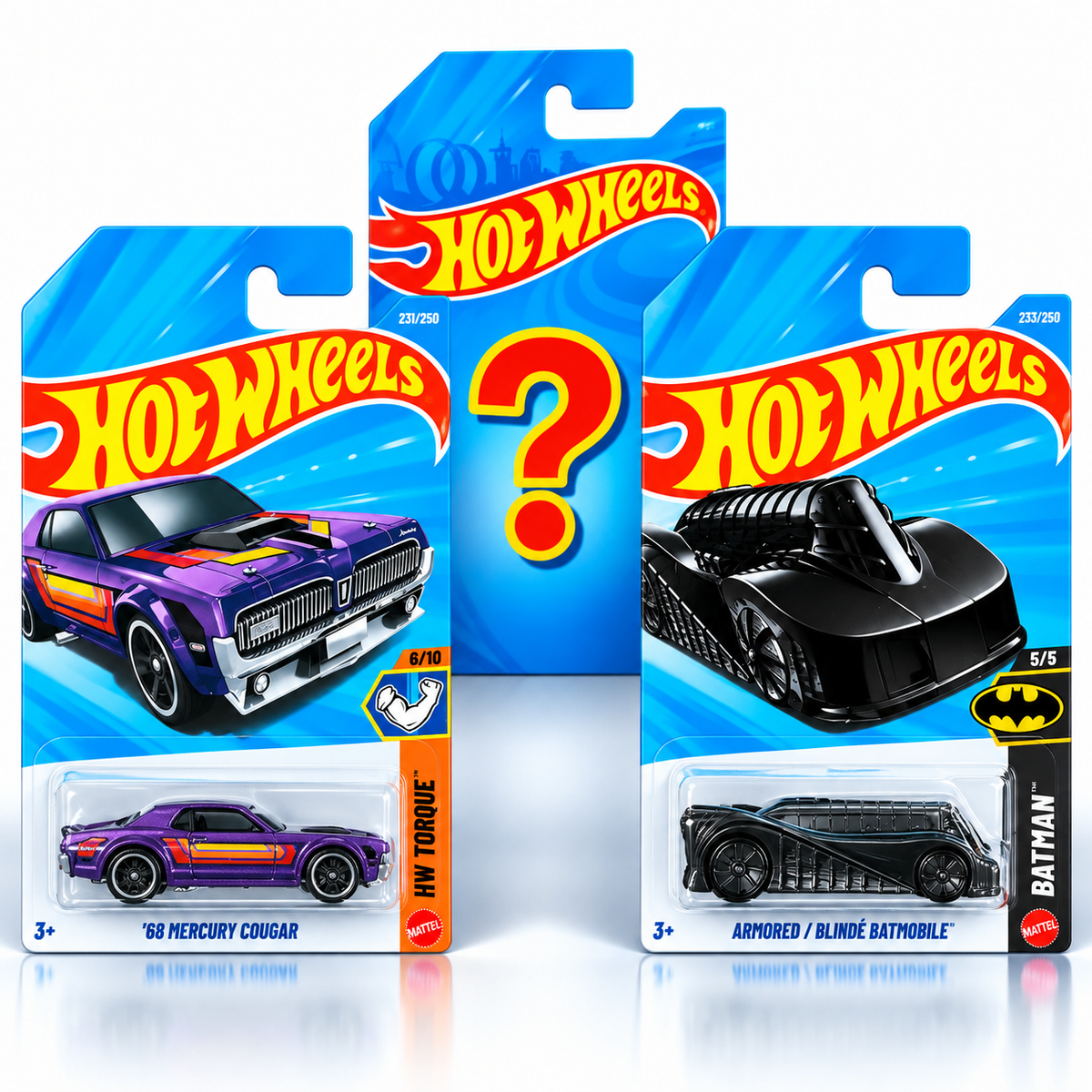 Hot Wheels ’68 Mercury Cougar + Armored Batmobile + 1 Mystery Car – Set of 3