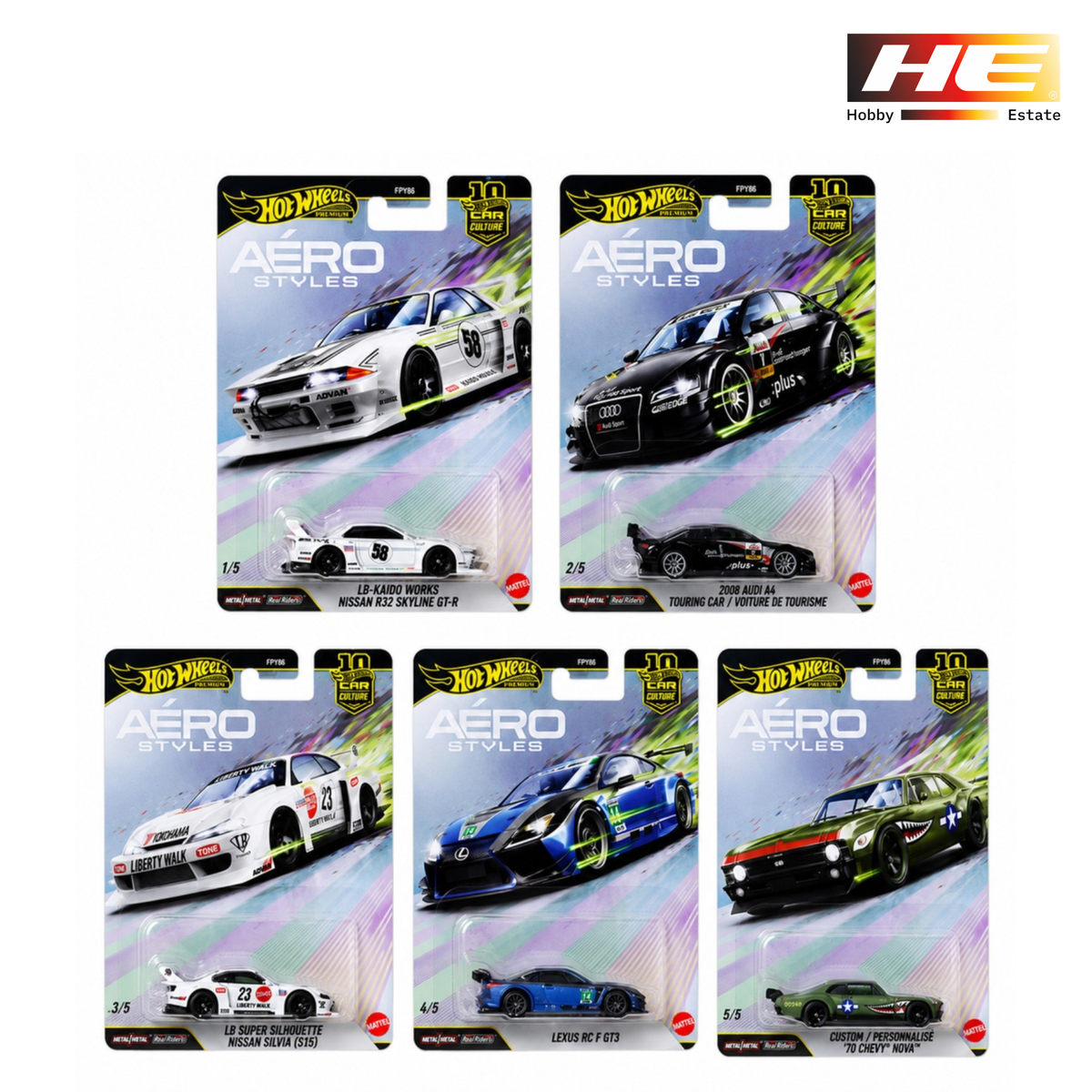 Hot Wheels Imported Premium Aéro Styles 2025 – Complete 5-Car Set | Nissan Skyline GT-R, Audi A4, Nissan Silvia, Lexus RC F GT3 & ’70 Chevy Nova