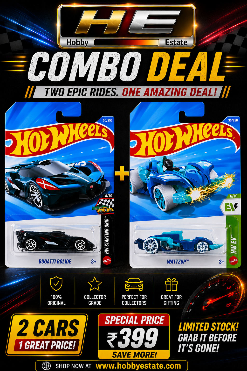 Hot Wheels Combo Deal – Bugatti Bolide + WattzUp | Mainline Die-Cast Set