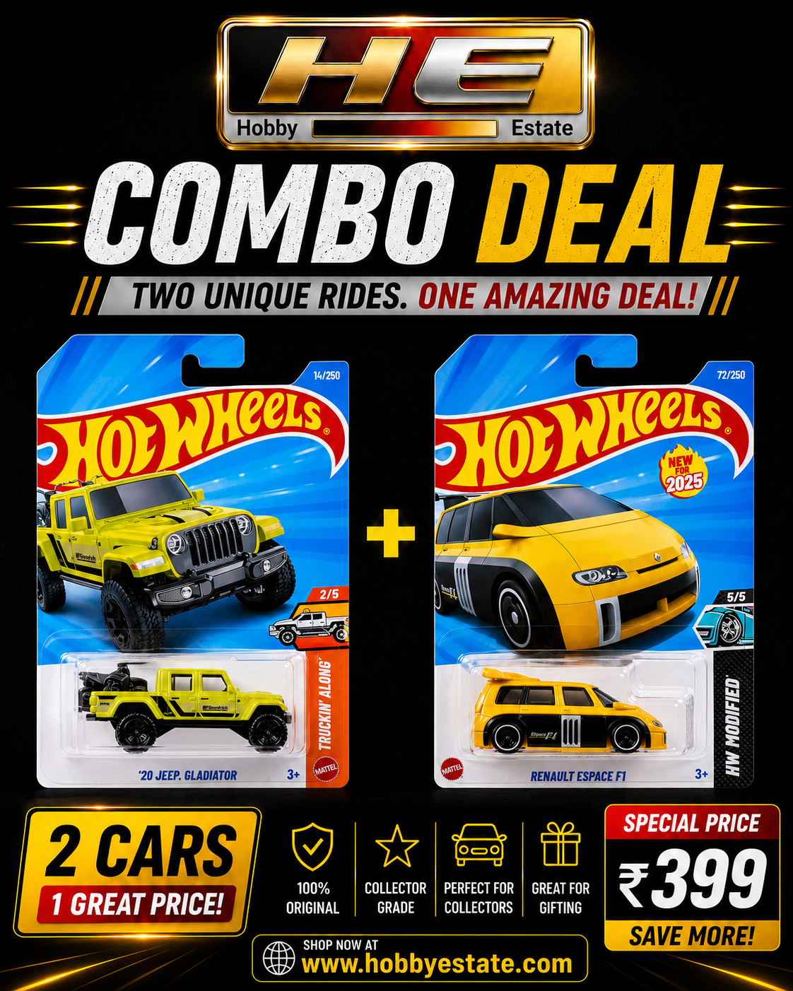 Hot Wheels Combo Deal – ’20 Jeep Gladiator + Renault Espace F1 | Mainline Die-Cast Set+Imported