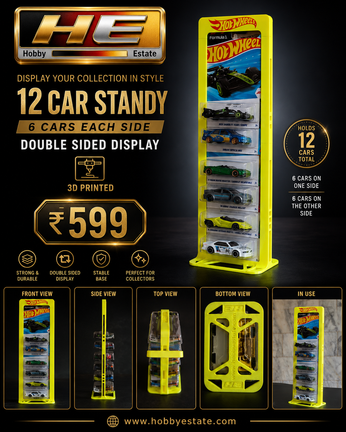 Hobby Estate 12-Car Double-Sided Hot Wheels Display Stand – 3D Printed Collector Stand | 6 Cars Each Side