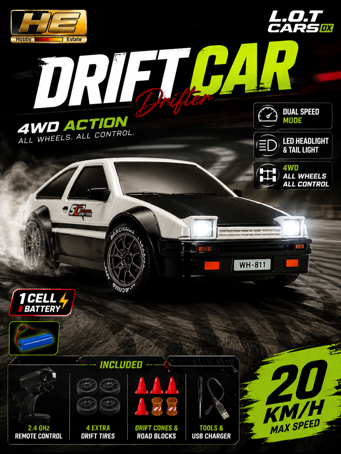 Toyota Splinter AE866 L.O.T Cars 1:24 RC Drift Car – 4WD | 2.4GHz Remote | LED Lights | Rechargeable Battery | White & Black