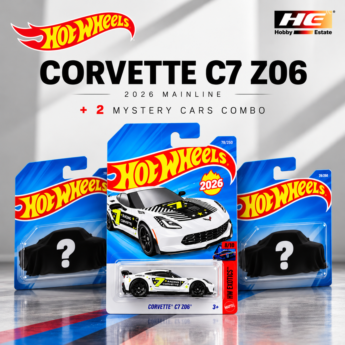 Hotwheels Corvette C7 Z06 + 2 Mystery Cars Combo – 2026 Mainline