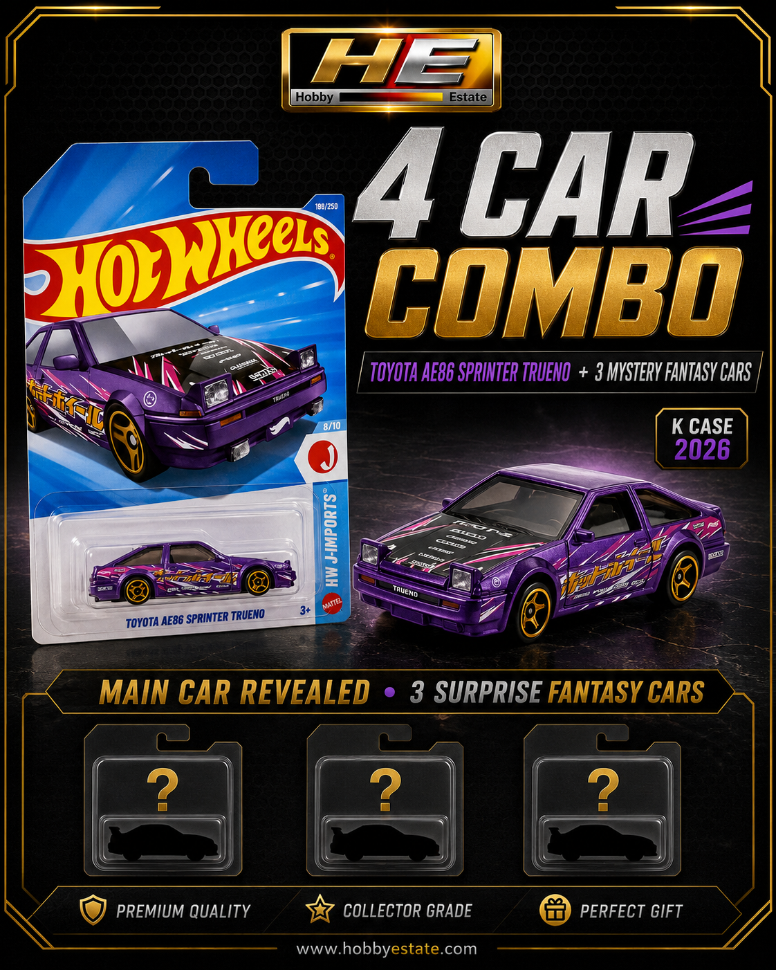 Hot Wheels 2026 K Case – 4-Car Combo (Featuring Toyota AE86 Sprinter Trueno)