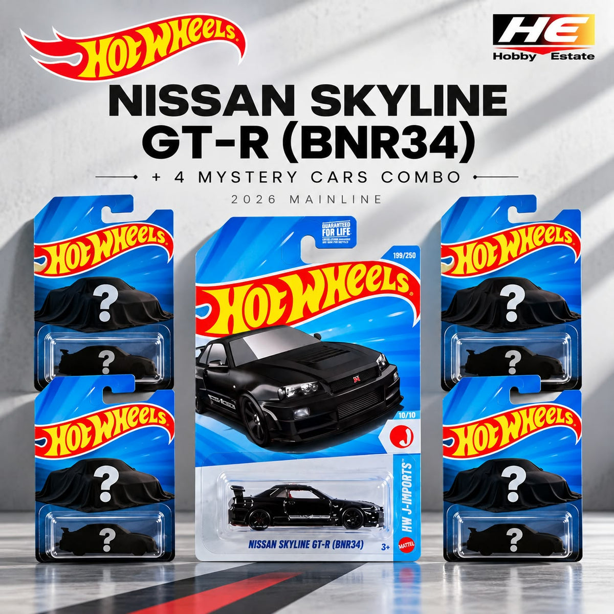 Hot Wheels Nissan Skyline GT-R (BNR34) + 4 Mystery Cars Combo – 2026 Mainline