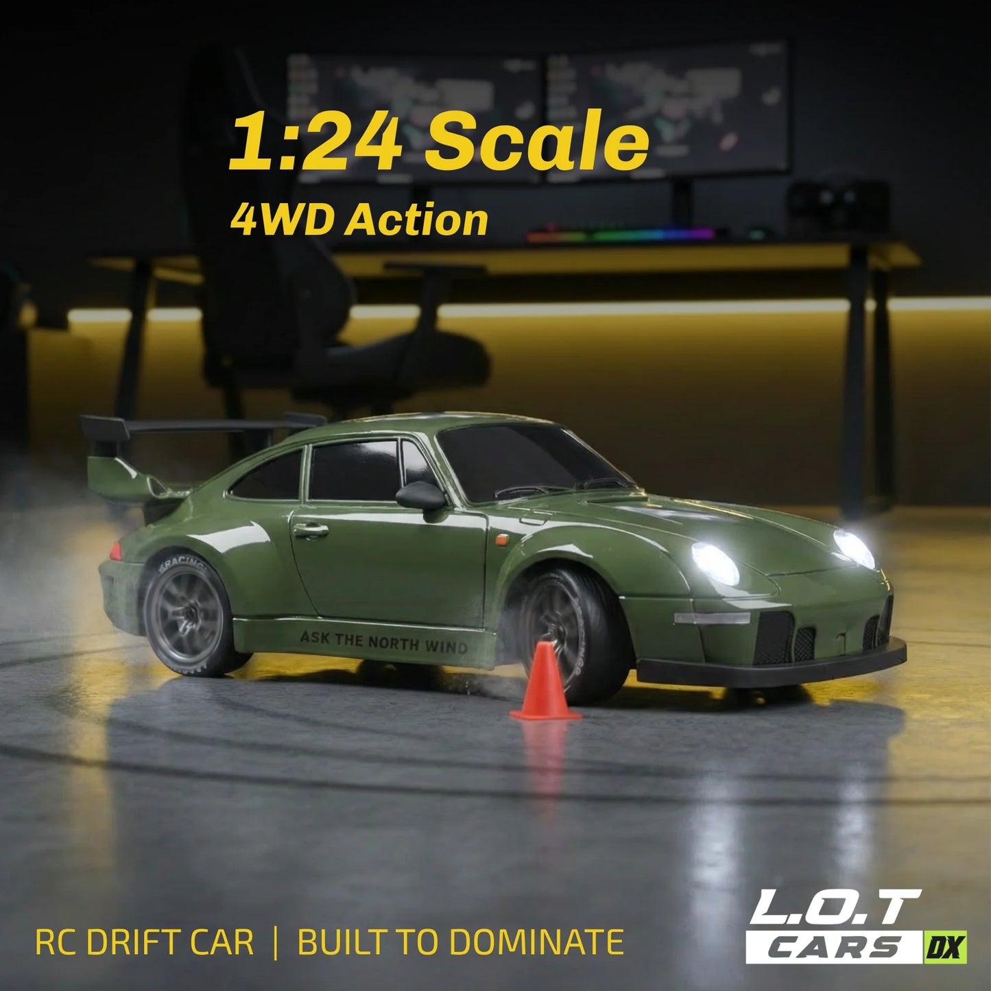 Porsche 1:24 Scale RC Drift Car Set – 4WD Remote Control Drift Racing Car with LED Lights, Extra Tyres & Accessories