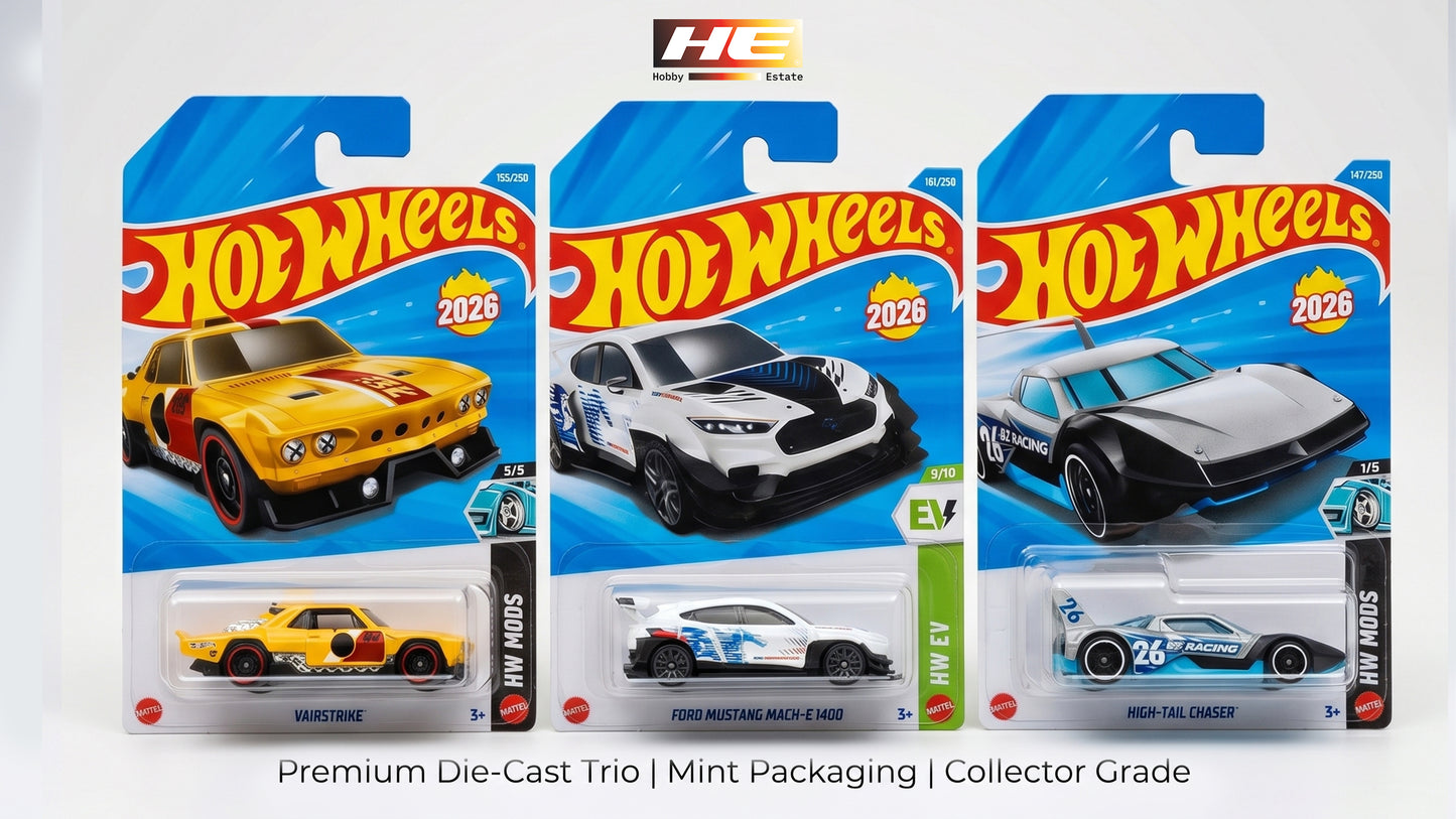 Hot Wheels Collector Trio – Vairstrike, Ford Mustang Mach-E 1400 & High-Tail Chaser (3-Car Combo Pack)