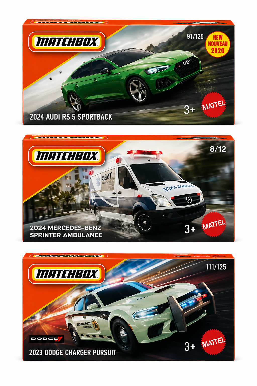 Matchbox 2024 Audi RS 5 Sportback, 2024 Mercedes-Benz Sprinter Ambulance & 2023 Dodge Charger Pursuit – Set of 3