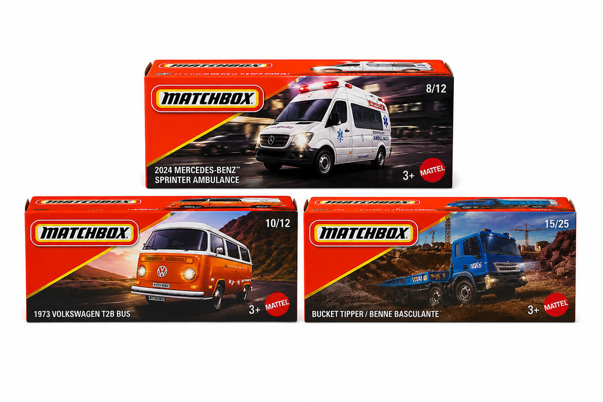 Matchbox 2024 Mercedes-Benz Sprinter Ambulance, 1973 Volkswagen T2B Bus & Bucket Tipper – Set of 3
