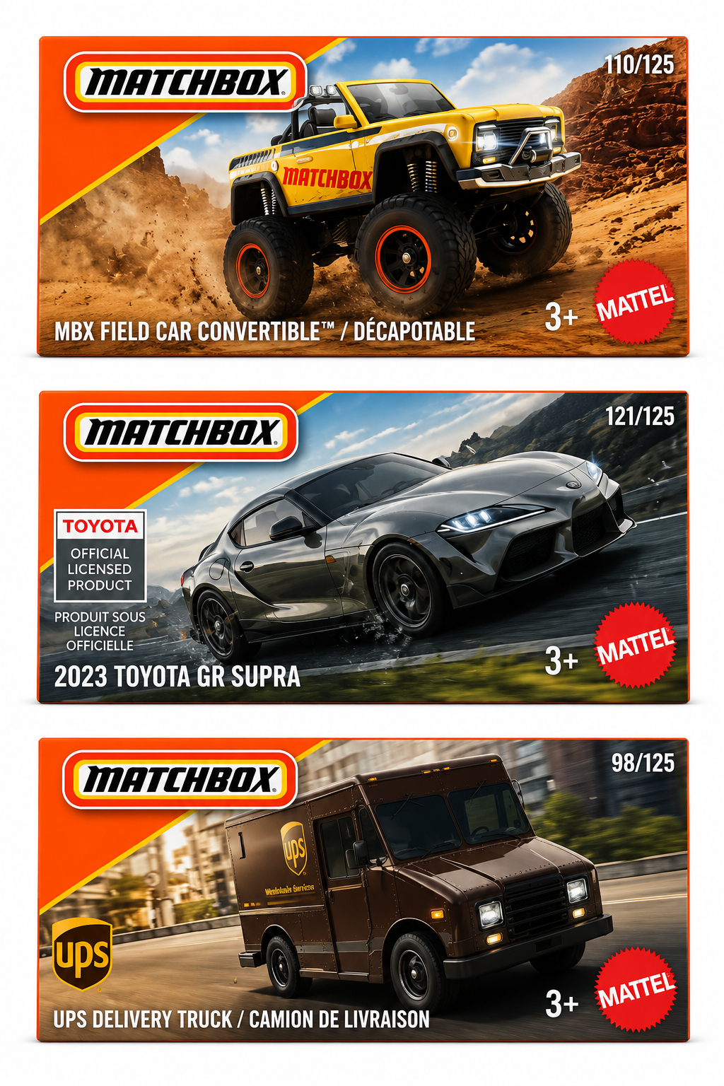 Matchbox 2023 Toyota GR Supra, MBX Field Car Convertible & UPS Delivery Truck – Set of 3