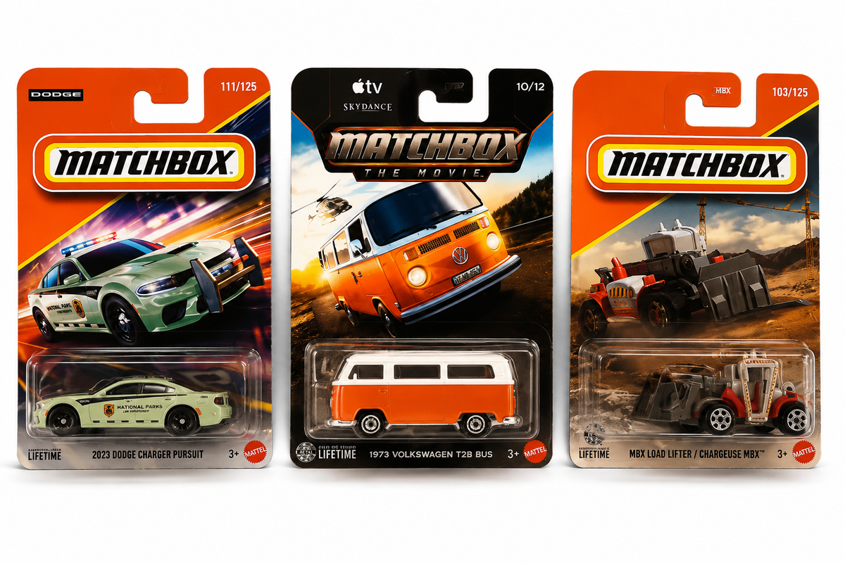 Matchbox 2023 Dodge Charger Pursuit, 1973 Volkswagen T2B Bus & MBX Load Lifter – Set of 3 (Blister)