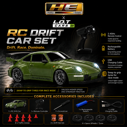 Porsche 1:24 Scale RC Drift Car Set – 4WD Remote Control Drift Racing Car with LED Lights, Extra Tyres & Accessories