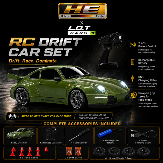 Porsche 1:24 Scale RC Drift Car Set – 4WD Remote Control Drift Racing Car with LED Lights, Extra Tyres & Accessories