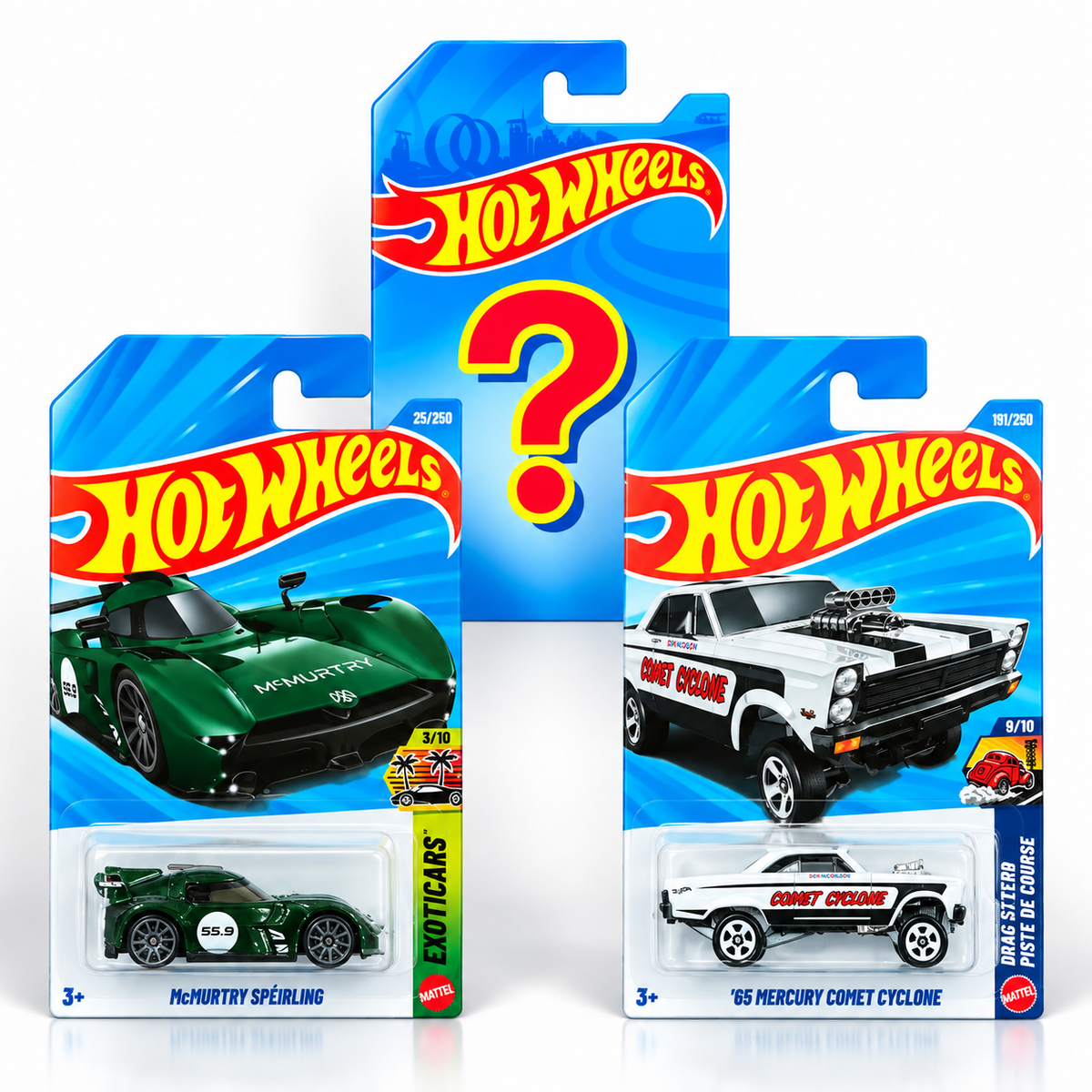Hot Wheels McMurtry Spéirling + ’65 Mercury Comet Cyclone + 1 Mystery Car – Set of 3