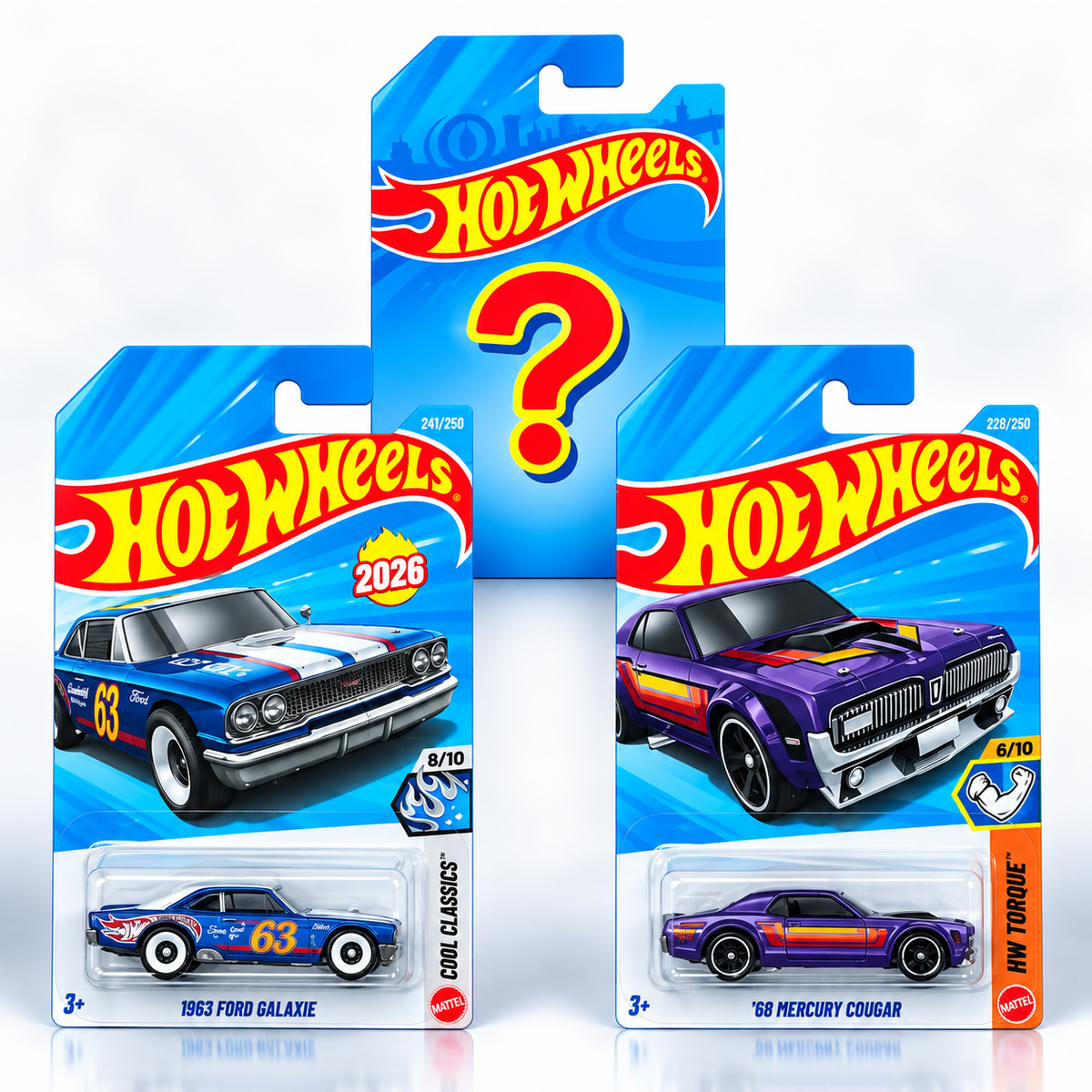 Hot Wheels 1963 Ford Galaxie + ’68 Mercury Cougar + 1 Mystery Car – Set of 3