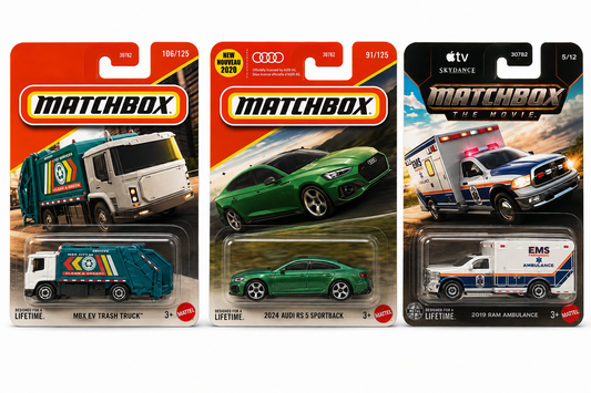 Matchbox MBX EV Trash Truck, 2024 Audi RS 5 Sportback & 2019 Ram Ambulance – Set of 3 (Blister)
