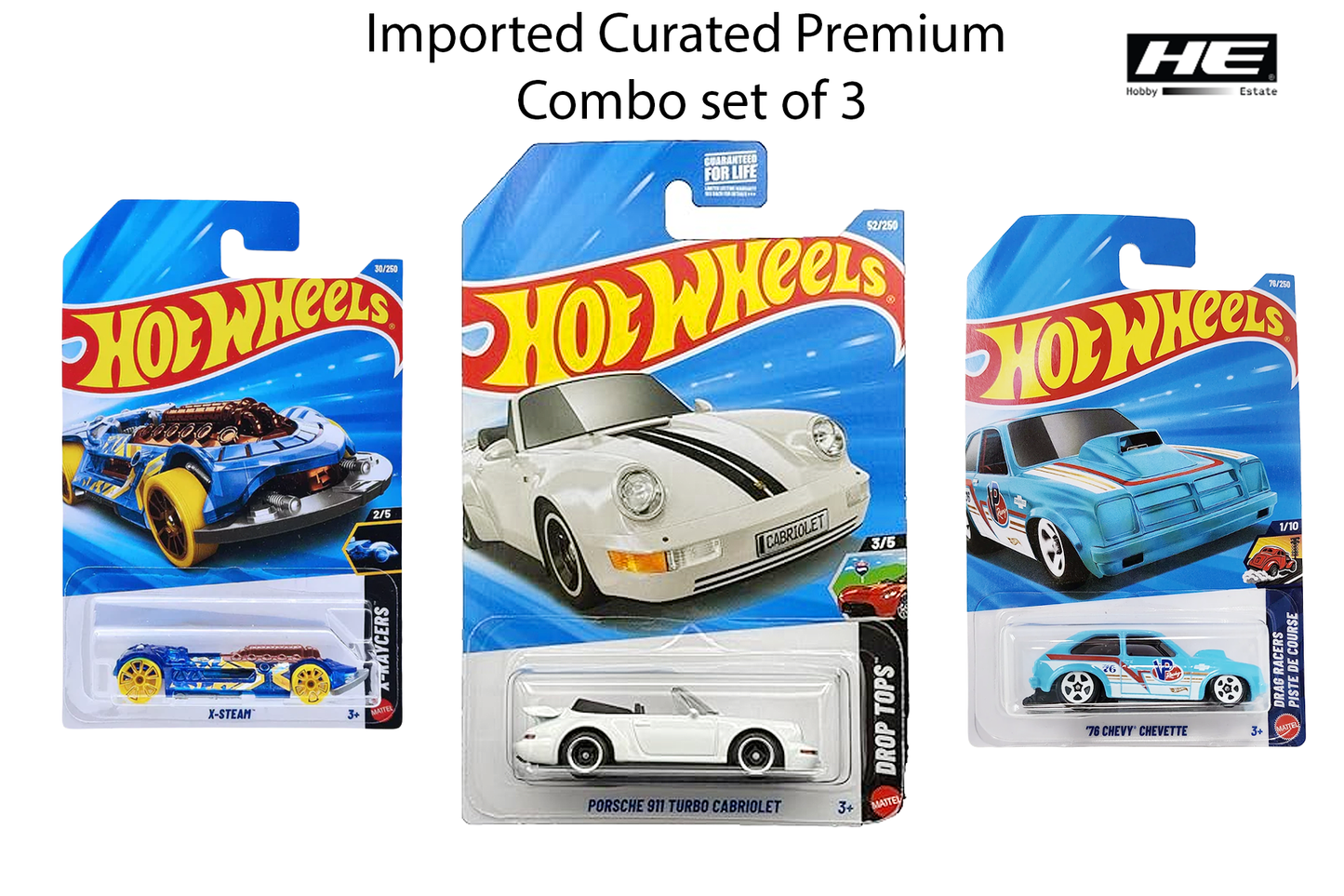 Hot Wheels Imported Curated Set: X-Steam, Porsche 911 Turbo Cabriolet & '76 Chevy Chevette (3-Car Combo Pack)
