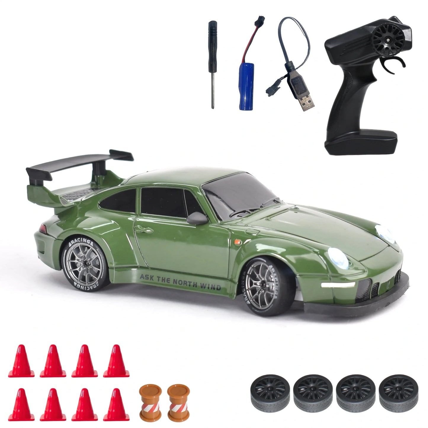 Porsche 1:24 Scale RC Drift Car Set – 4WD Remote Control Drift Racing Car with LED Lights, Extra Tyres & Accessories