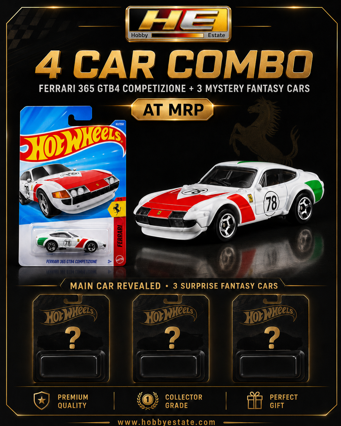Hot Wheels 2026 K Case – 4-Car Combo (Featuring Ferrari 365 GTB4 Competizione)