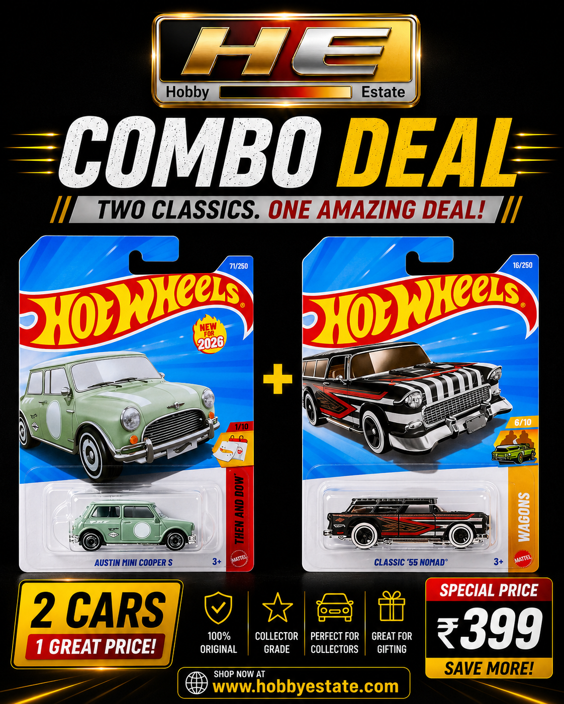 Hot Wheels Combo Deal – Austin Mini Cooper S + Classic ’55 Nomad | Mainline Die-Cast Set