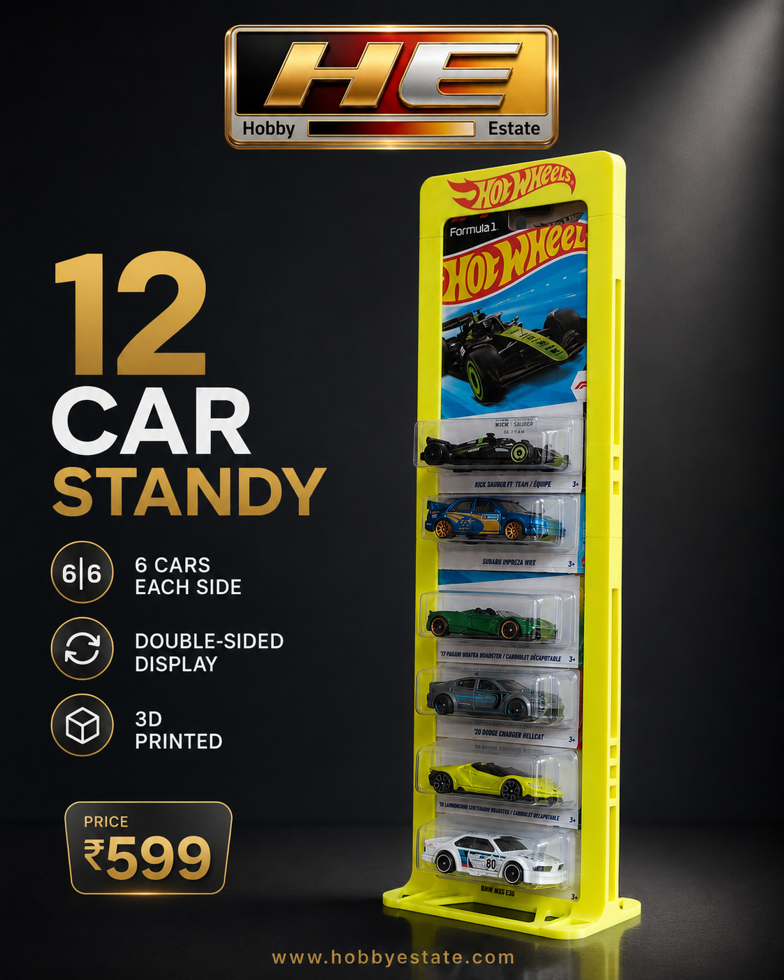Hobby Estate 12-Car Double-Sided Hot Wheels Display Stand – 3D Printed Collector Stand | 6 Cars Each Side
