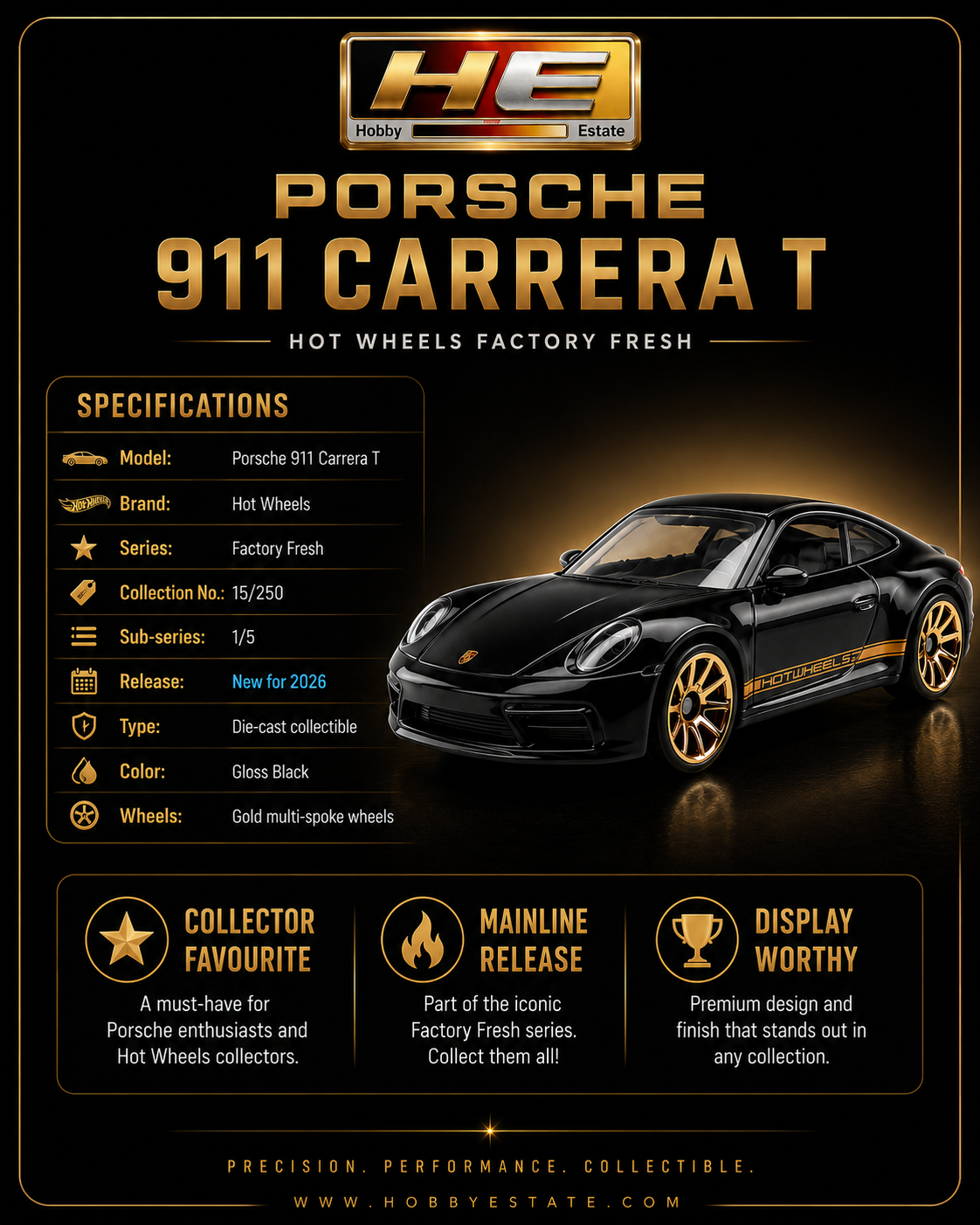 Hot Wheels Porsche 911 Carrera T – 2026 Factory Fresh | Black & Gold Die-Cast Car