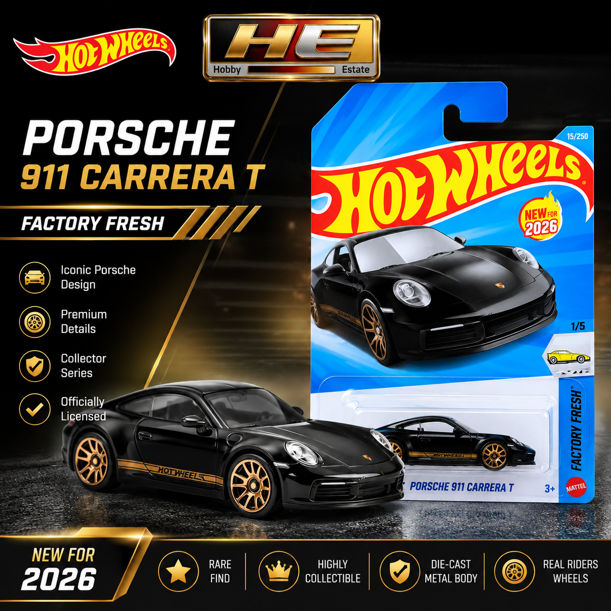Hot Wheels Porsche 911 Carrera T – 2026 Factory Fresh | Black & Gold Die-Cast Car