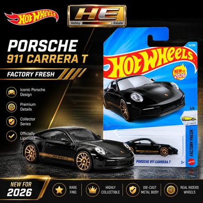 Hot Wheels Porsche 911 Carrera T – 2026 Factory Fresh | Black & Gold Die-Cast Car