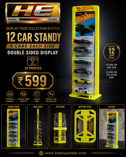 Hobby Estate 12-Car Double-Sided Hot Wheels Display Stand – 3D Printed Collector Stand | 6 Cars Each Side