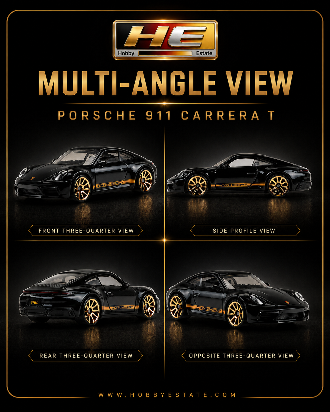 Hot Wheels Porsche 911 Carrera T – 2026 Factory Fresh | Black & Gold Die-Cast Car