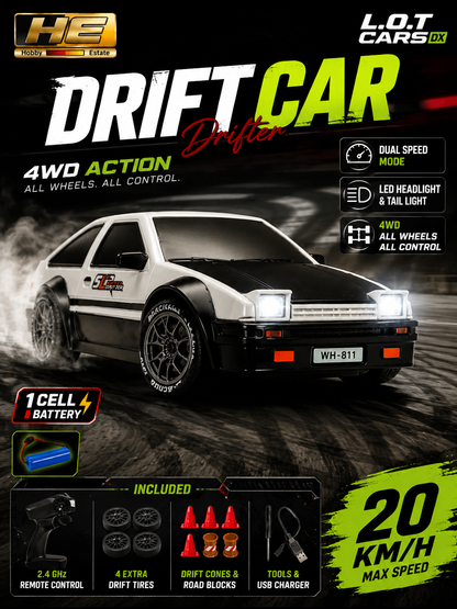 Toyota Splinter AE866 L.O.T Cars 1:24 RC Drift Car – 4WD | 2.4GHz Remote | LED Lights | Rechargeable Battery | White & Black
