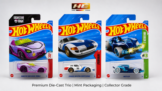 Hot Wheels Trio Combo – Monster High Ghoul Mobile + Ferrari 365 GTB4 Competizione + Watts Up | Set of 3(imported)