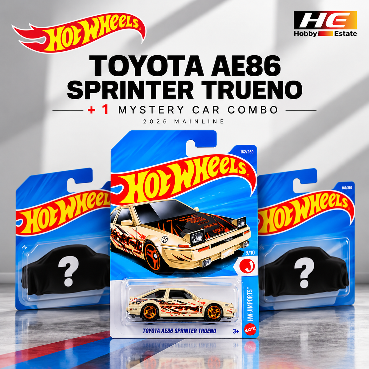 Hotwheels Toyota AE86 Sprinter Trueno + 2 Mystery Car Combo – 2026 Mainline
