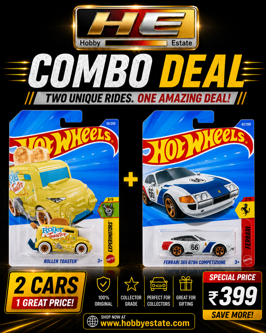 Hot Wheels Combo Deal – Roller Toaster + Ferrari 365 GTB4 Competizione | Mainline Die-Cast Set