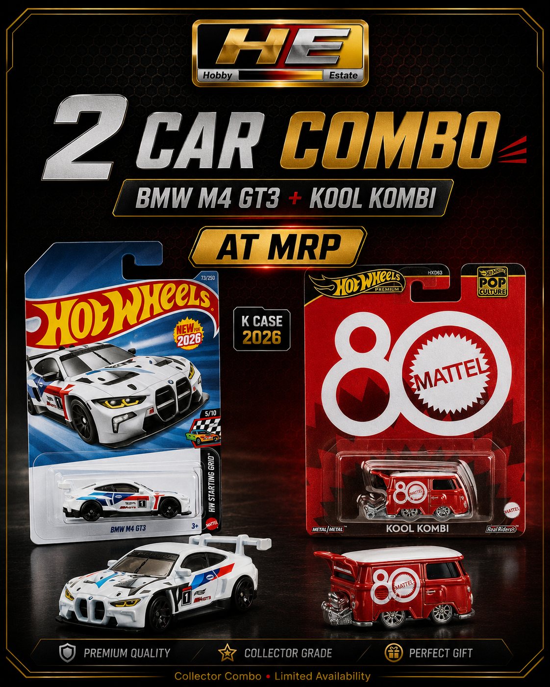 Hot Wheels 2026 K Case – 2-Car Collector Combo (BMW M4 GT3 + Kool Kombi)