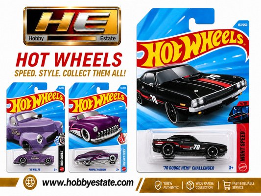 Hot Wheels Combo Pack of 3 – ’70 Dodge Hemi Challenger, ’41 Willys & Purple Passion