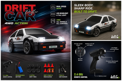 Toyota Splinter AE866 L.O.T Cars 1:24 RC Drift Car – 4WD | 2.4GHz Remote | LED Lights | Rechargeable Battery | White & Black